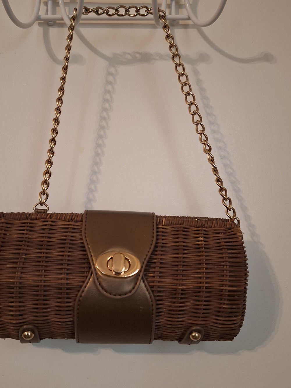 Woven Brown Mini Barrel Bag with Gold Chain Strap - Picture 1 of 5